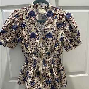 Entro Floral Puff Sleeve Top - Blue and Cream